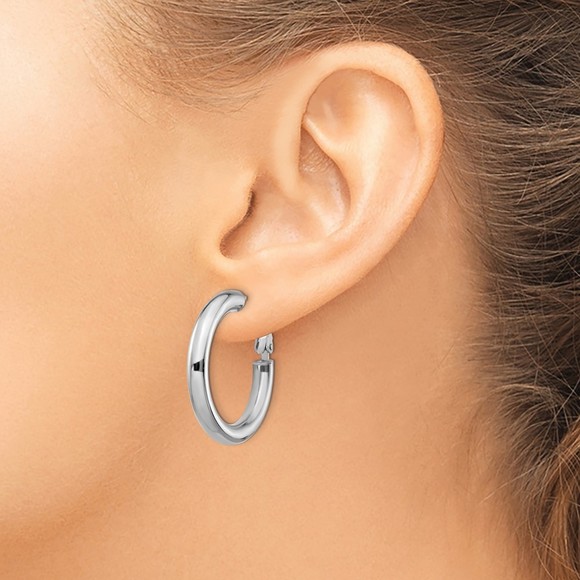 14k White Gold 4x20mm Polished Round Omega Back Hoop Earrings - Picture 3 of 4